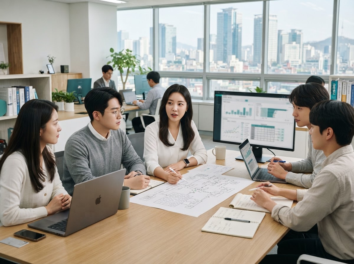 온익진 팀이 데이터 분석 및 리스크 모델을 검토하는 모습